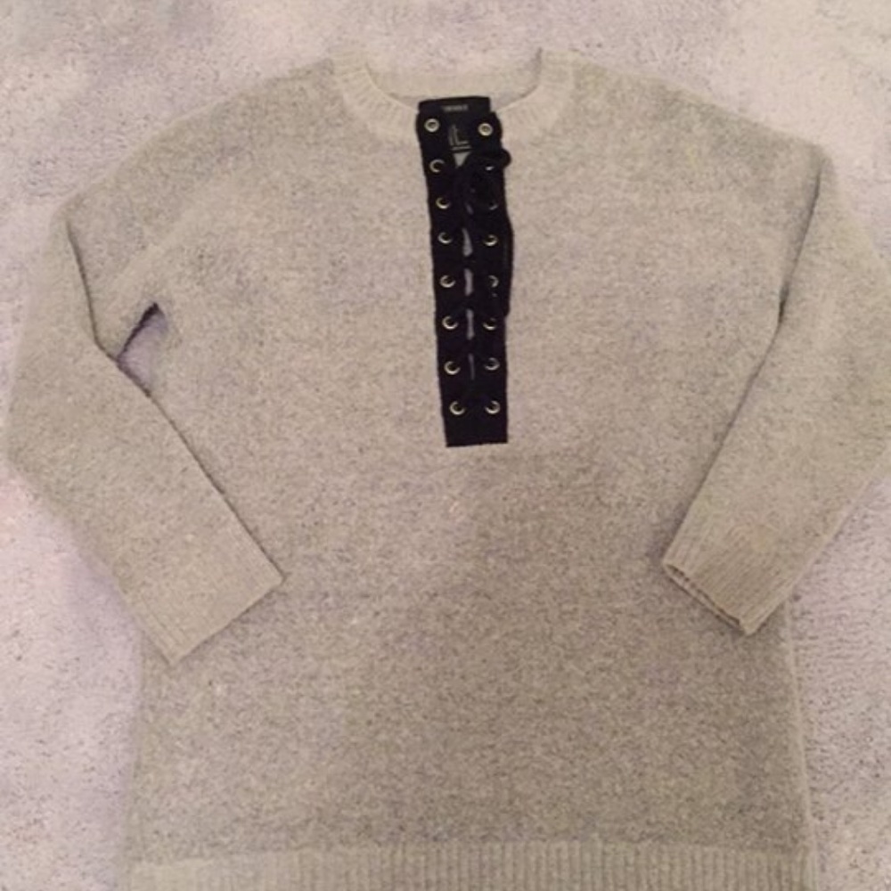 Gray Sweater with black lace tie detail